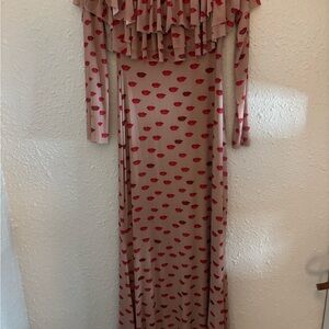 AFRM Long Sleeve Ruffled Lip Print Dress in Pink and Red